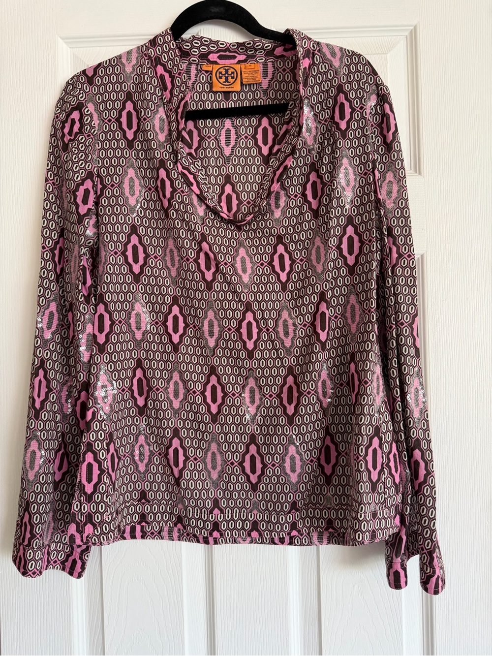 Tory Burch Pink and Brown Geometric Cowl-Neck Blouse